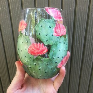 Unique, one of a kind, hand painted, blooming flowers, cactus, plant, wine, wine glass, creative, gift