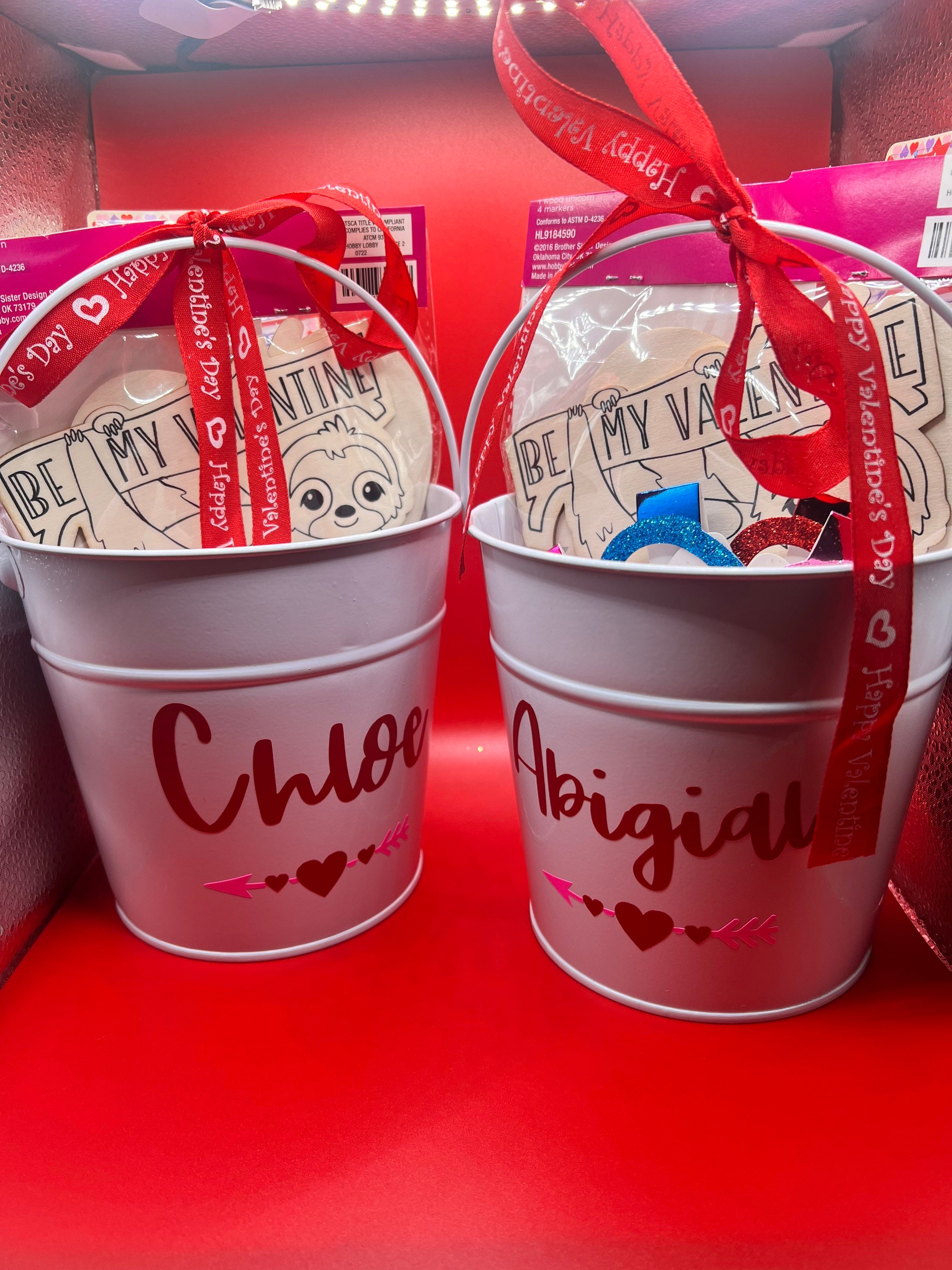 Personalized Valentines Day Pails With Name and Ribbon, Gifts for Kids, Classrooms, Sweethearts