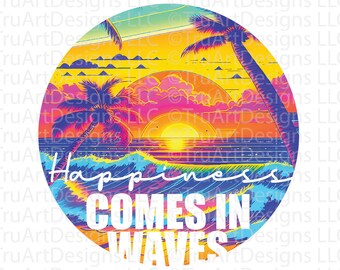 Zomer png, geluk komt in golven png, strandsublimatie png, oceaanscène digitale download, digitale illustraties, vakantiesublimatie