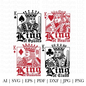 Bundle Kings svg, King png Bundle, Roi de cartes à jouer png, Roi de coeur, Roi de pique, Roi de carreau, Bundle art roi de trèfle