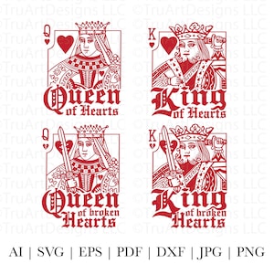 Roi et reine de coeur svg, roi et reine, couple png, coeurs cartes à jouer PNG, cartes à jouer, couples chemises, lot Royal SVG