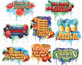 Obst Sprüche png Bundle. Sommer als Png, Obst Sublimation Png, Aquarell Obst Kunst, Küchen Kunst Png, süßes Essen Kunstwerk, Wassermelone Png