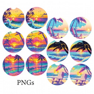 May include: Set of 10 colorful round coasters with a beach sunset theme. Each coaster features a palm tree, ocean waves, and a beach chair. The coasters are perfect for adding a touch of tropical flair to your home decor.