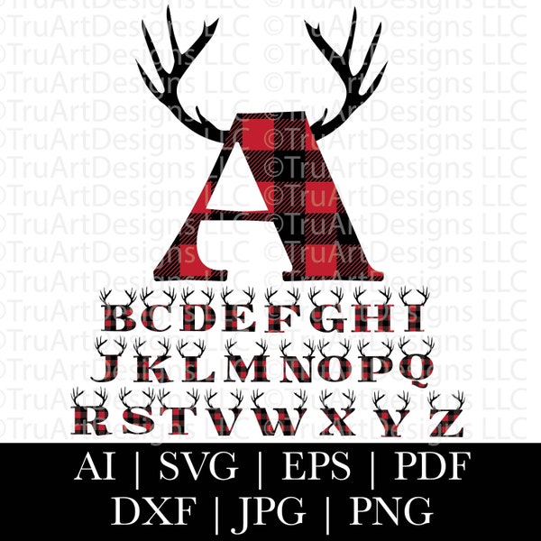 Buffalo Plaid Deer Monogram SVG, Christmas Monogram SVG cricut, Buffalo Plaid Alphabet, antler buffalo plaid monogram, Christmas Monogram