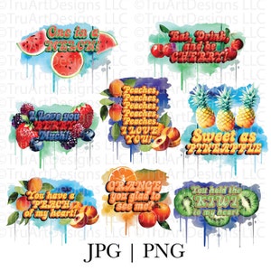 Fruit sayings png bundle. Summer png, Fruit sublimation png, Watercolor fruit art, Kitchen art pngs, cute food artwork, watermelon png