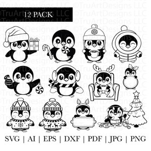 Pingüino svg, paquete de pingüinos de Navidad, pingüino de invierno, lindo pingüino bebé, archivo de corte de pingüino, siluetas de pingüino, pingüino dxf, png, clipart