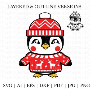 Pinguino svg, pinguino di Natale, pinguino invernale, cucciolo di pinguino carino con maglione, animale di Natale carino svg, pinguino caldo svg, Natale svg