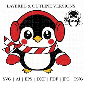 Pinguino svg, pinguino di Natale, pinguino invernale, simpatico cucciolo di pinguino con paraorecchie, simpatico animale natalizio svg, caldo pinguino svg, Natale svg
