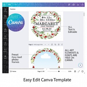 The easy edit canva template is shown with editable text boxes, and preset easy to load photo frames for custom round first Christmas ornaments. Easily sell and input custom information into the preset fields for your sublimation ornaments.
