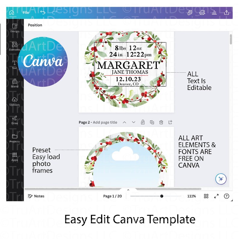 The easy edit canva template is shown with editable text boxes, and preset easy to load photo frames for custom round first Christmas ornaments. Easily sell and input custom information into the preset fields for your sublimation ornaments.