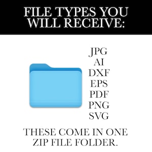 File types that will be delivered with these designs include: JPG, AI, DXF, EPS, PDF, PNG, SVG. These come in one zip file folder.