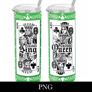 May include: Two stainless steel tumblers with green and white designs. The tumbler on the left has a black and white image of a king of clubs playing pickleball with the text "Pickleball King". The tumbler on the right has a black and white image of a queen of clubs playing pickleball with the text "Pickleball Queen".