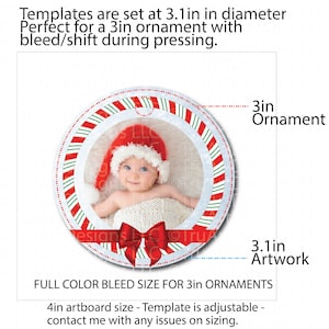 File size is shown with each template being 3.1in circles in diameter perfect for printing 3in ornaments, coasters, keychains, air fresheners and more. Since the template is a Canva file, the size is easily adjustable up or down for final use.