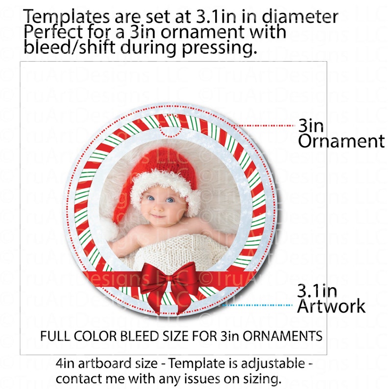File size is shown with each template being 3.1in circles in diameter perfect for printing 3in ornaments, coasters, keychains, air fresheners and more. Since the template is a Canva file, the size is easily adjustable up or down for final use.