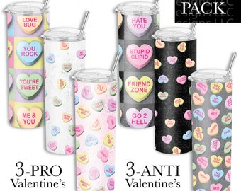 20oz skinny Tumbler Designs, Valentines's Day Sublimation Bundle, 6 Pack Candy Hearts Designs, PNG Files for Sublimation, Anti-valentine's