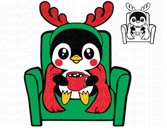 Pinguin svg, Weihnachtspinguin, Winterpinguin, süßer Baby-Pinguin mit heißem Kakao, süßes Weihnachtstier svg, warmer Pinguin svg, Weihnachts-Svg