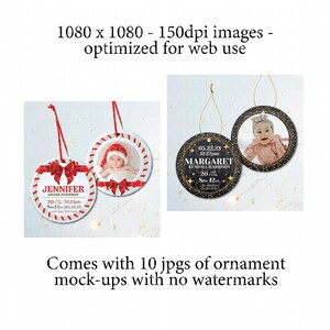 Image shows two examples of the mock up photos that come with this template, shows each ornament style in a square image with star and light white backgrounds, preloaded with info and baby photos. Each photo is 1080 by 1080 pixels at 150dpi for web.