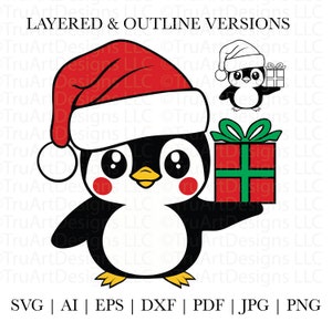 Penguin svg, Christmas Penguin, Santa penguin, Cute Baby Penguin with present, Cute Christmas animal svg, winter penguin svg, Christmas svg