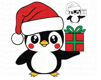 Pinguin svg, Weihnachtspinguin, Weihnachtspinguin, süßer Baby-Pinguin mit Geschenk, süßes Weihnachtstier svg, Winterpinguine svg, Weihnachts svg