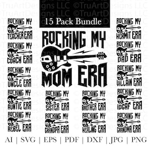 Rocking Era SVG バンドル、15 パック PNG バンドル、Rock and Roll Mom PNG、ロック ギター、音楽、クールなファミリー T シャツ アートワーク、Cricut とシルエット