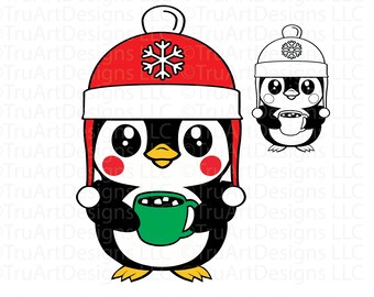 Pinguin svg, Weihnachtspinguin, Winterpinguin, süßer Baby-Pinguin mit heißem Kakao, süßes Weihnachtstier svg, warmer Pinguin svg, Weihnachts-Svg