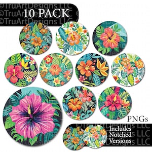 May include: A collection of ten circular designs featuring vibrant tropical floral patterns. Each design showcases hibiscus flowers and lush foliage in various color schemes, including orange, pink, and green. The text "10 PACK" and "PNGs" are visible.