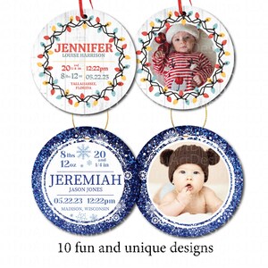 Two version of the ornaments are shown, one is Christmas lights theme with Baby stats on the front and lights photo frame on the back. One is Dark with white snowflakes with custom information on the front and snowflake wreath photo frame on back.