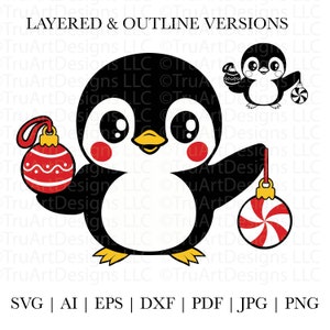 Pinguino svg, pinguino di Natale, pinguino invernale, cucciolo di pinguino carino con ornamenti, animale di Natale carino svg, pinguino caldo svg, Natale svg