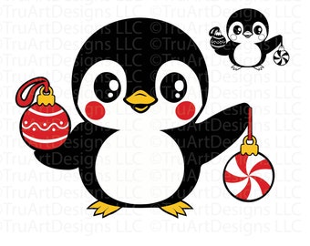 Pinguin svg, Weihnachtspinguin, Winterpinguin, süßer Baby-Pinguin mit Ornamenten, niedliches Weihnachtstier svg, warmer Pinguin svg, Weihnachts-Svg