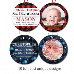 Two version of the ornaments are shown, one is red and black plaid with Baby stats on the front and plaid photo frame on the back. One is Dark blue ornaments with custom information on the front and ornament wreath photo frame on the back.