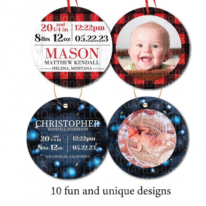 Two version of the ornaments are shown, one is red and black plaid with Baby stats on the front and plaid photo frame on the back. One is Dark blue ornaments with custom information on the front and ornament wreath photo frame on the back.