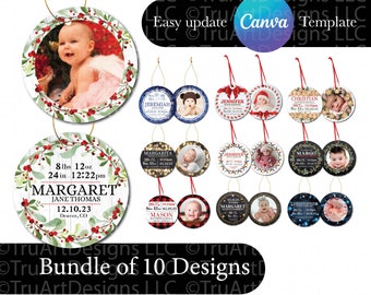 Baby's First Christmas ornament png bundle, Custom Ornament pngs, Canva template baby ornaments, First Christmas pngs, baby stats ornaments