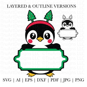 Pinguino svg, pinguino di Natale, pinguino invernale, cornice di pinguino carino, animale di Natale carino svg, etichetta di Natale svg, cartello di Natale svg