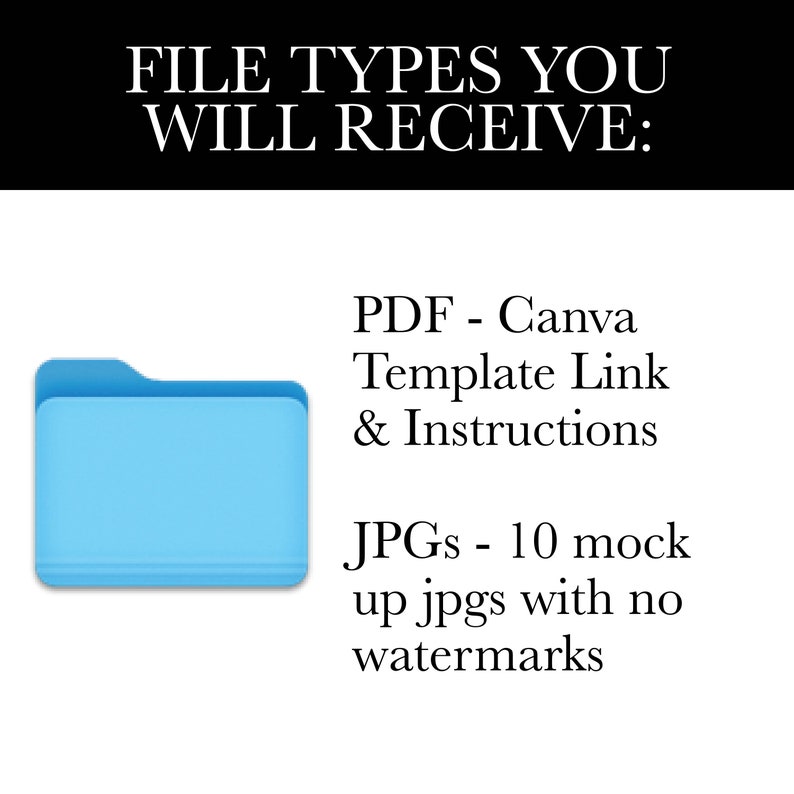 May include: A blue folder icon with the text "FILE TYPES YOU WILL RECEIVE:" above it. Below the icon, the text reads "PDF - Canva Template Link & Instructions" and "JPGs - 10 mock up jpgs with no watermarks".