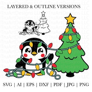 Pinguino svg, Pinguino di Natale, Pinguino invernale, Pinguino carino con luci di Natale, Animale carino di Natale svg, Pinguino albero di Natale