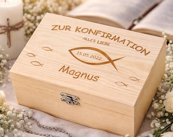 Personalisierte Geschenkbox zur Konfirmation mit Name & Datum aus Holz | Geldgeschenk Verpackung | Erinnerungsbox