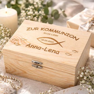 Personalisierte Geschenkbox zur Kommunion | Wunschname und Datum | Erinnerungskiste aus Holz | Erstkommunion Jungen & Mädchen