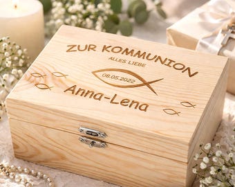 Personalisierte Geschenkbox zur Kommunion | Wunschname und Datum | Erinnerungskiste aus Holz | Erstkommunion Jungen & Mädchen