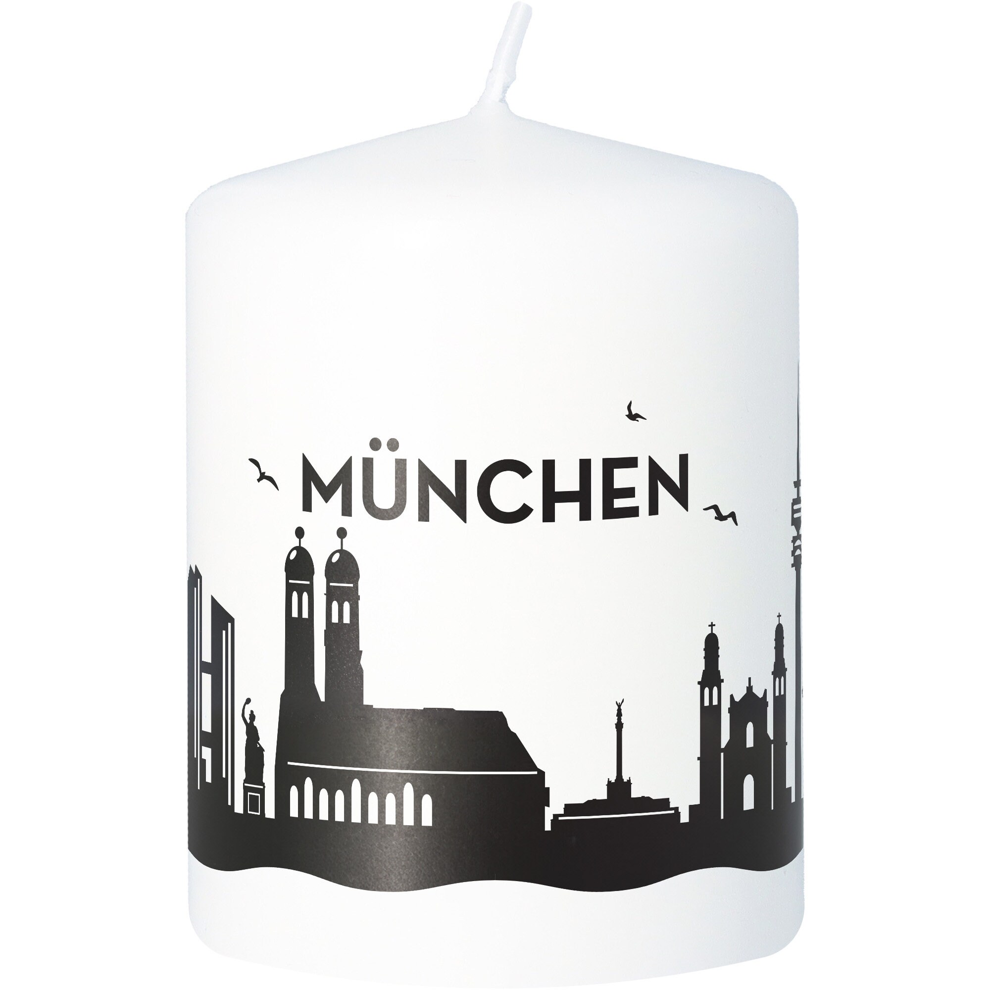 Stumpenkerze | München | Münchner Skyline | Luftlinie | 8cm x 6cm | In Weiß