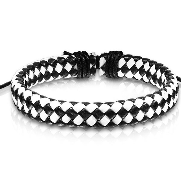 Leather bracelet black & white two tone ska madness chequered plaited, festival, adjustable