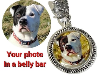 Personalised photo Cabochon Glass dangle belly navel bar ring .