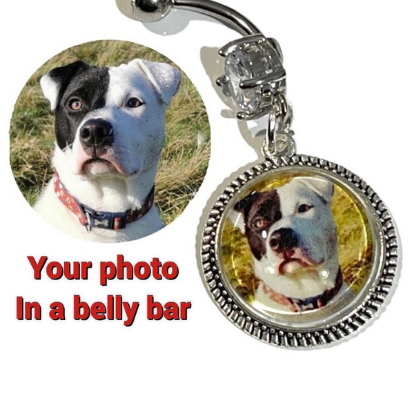 Personalised photo Cabochon Glass dangle belly navel bar ring .