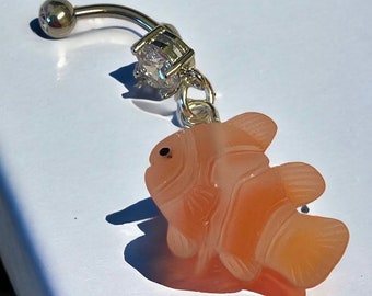 Cute pink, finding nemo clown belly navel bar ring, handmade from resin, surgical steel and cubic zirconia crystal