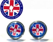 Queens royal platinum jubilee glass cabochon , Red, white and blue , Union Jack stud earrings for pierced ears