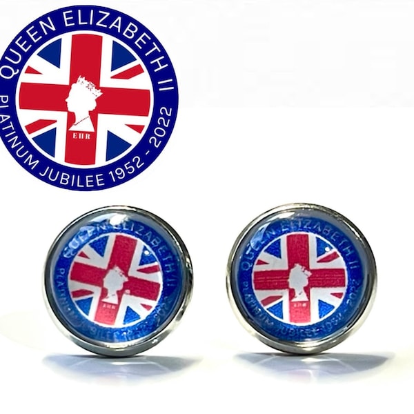 Queens royal platinum jubilee glass cabochon , Red, white and blue , Union Jack stud earrings for pierced ears