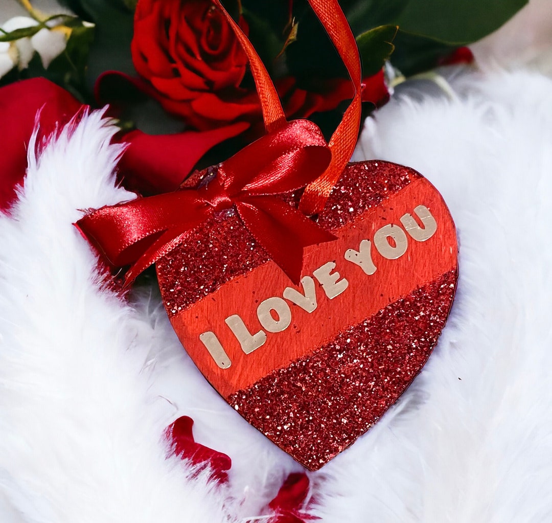 I Love You, Red Glitter Wooden Heart With Red Silk Bow. Valentines Gift