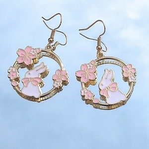 Bunny earrings with cherry blossoms in a golden circle, Easter bunny earrings