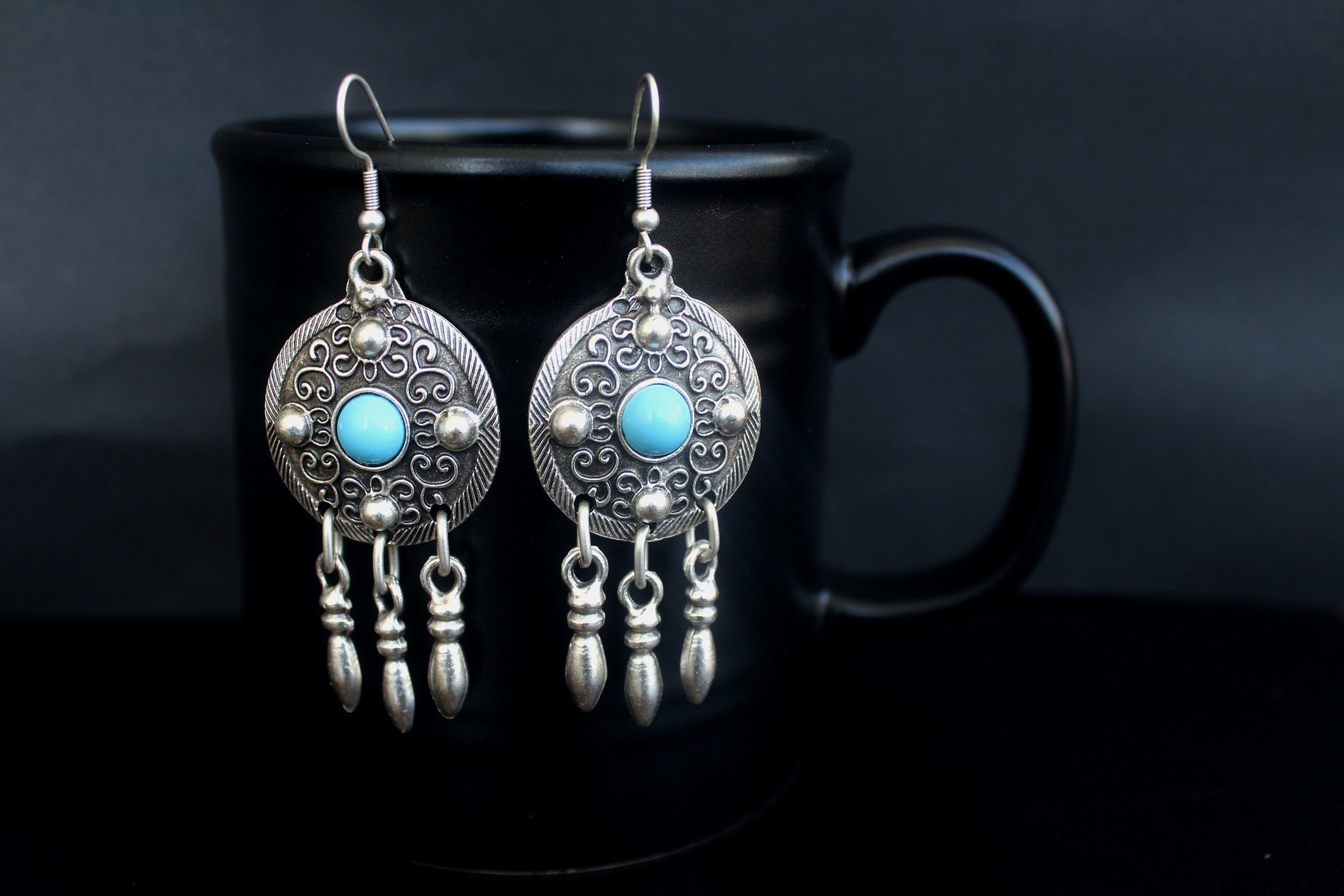 Turquoise Statement Earrings, Turquoise Drop Earrings, Round Statement Earrings, Ethnic Jewelry, Turkish Jewelry