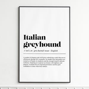 Italian Greyhound Art Print , Elegant Word Definition Wall Decor , Minimalist Home Accent , Gift for Art Lovers