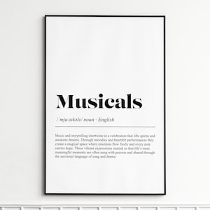 Può includere: Una stampa incorniciata con la parola "Musicals" in grassetto nero. Sotto, la pronuncia fonetica e la parola "nome" sono visualizzate. Un paragrafo descrive i musical come una celebrazione della musica e della narrazione.